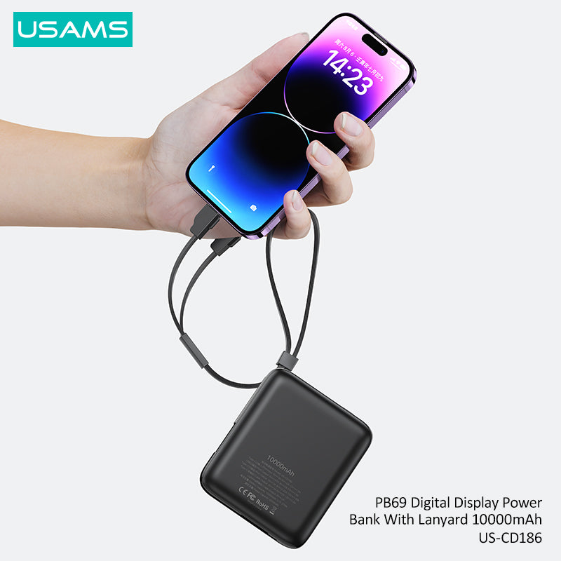 US-CD186 PB69 Digital Display Fast Charging Power Bank With Lanyard 10000mAh