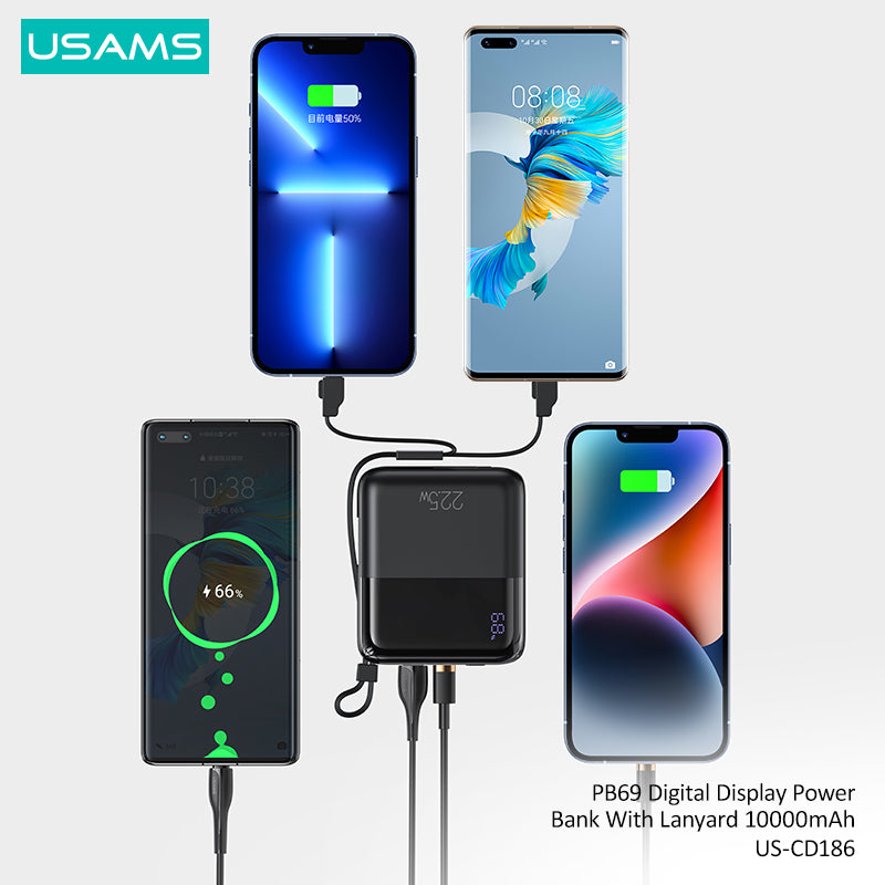 US-CD186 PB69 Digital Display Fast Charging Power Bank With Lanyard 10000mAh