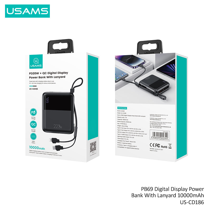 US-CD186 PB69 Digital Display Fast Charging Power Bank With Lanyard 10000mAh