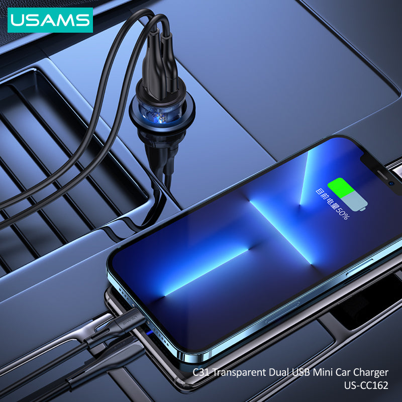 15W Transparent Dual USB A+A Mini Car Black Charger