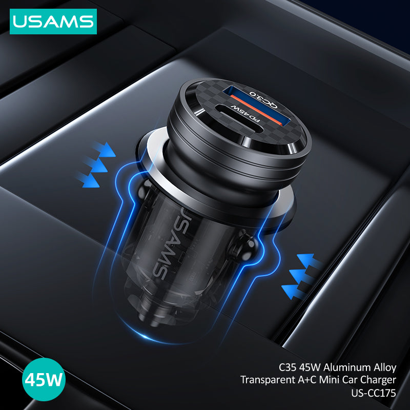 45W Aluminum Alloy Transparent A+C Mini Car Charger