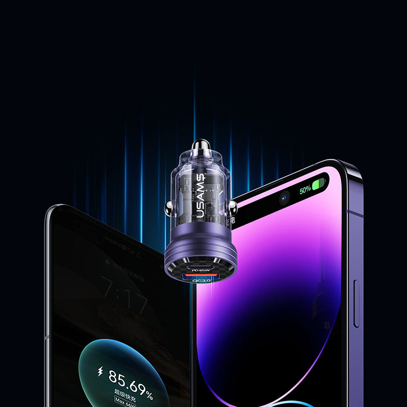45W Aluminum Alloy Transparent A+C Mini Car Charger