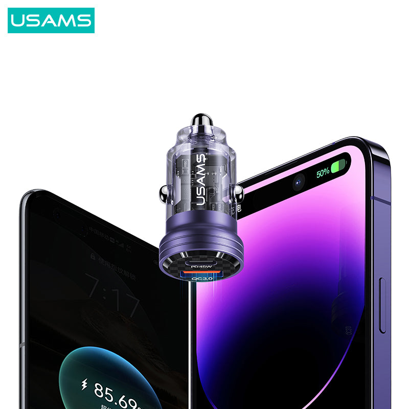 45W Aluminum Alloy Transparent A+C Mini Car Charger