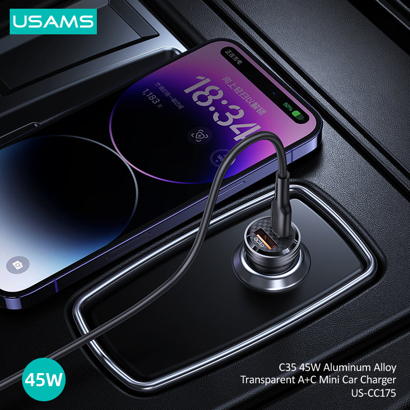 45W Aluminum Alloy Transparent A+C Mini Car Charger