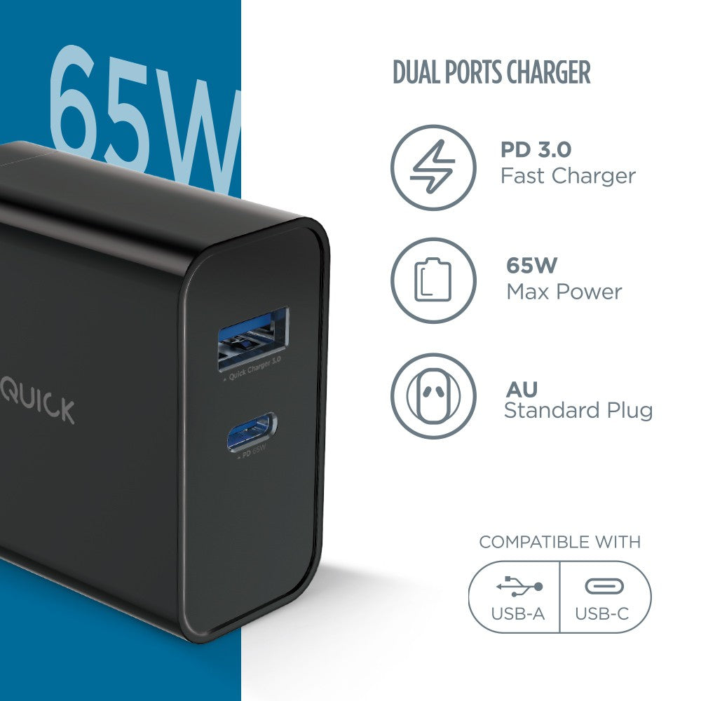 65W PD3.0+QC3.0 Fast Charging Adapter Type C + A