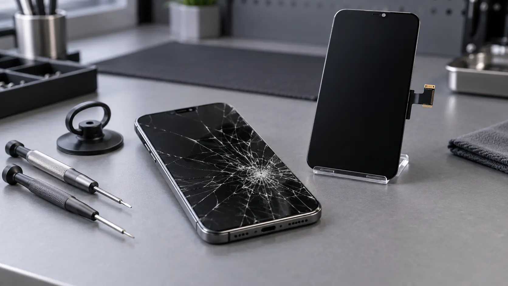Cracked iPhone screen beside a replacement display ready for repair