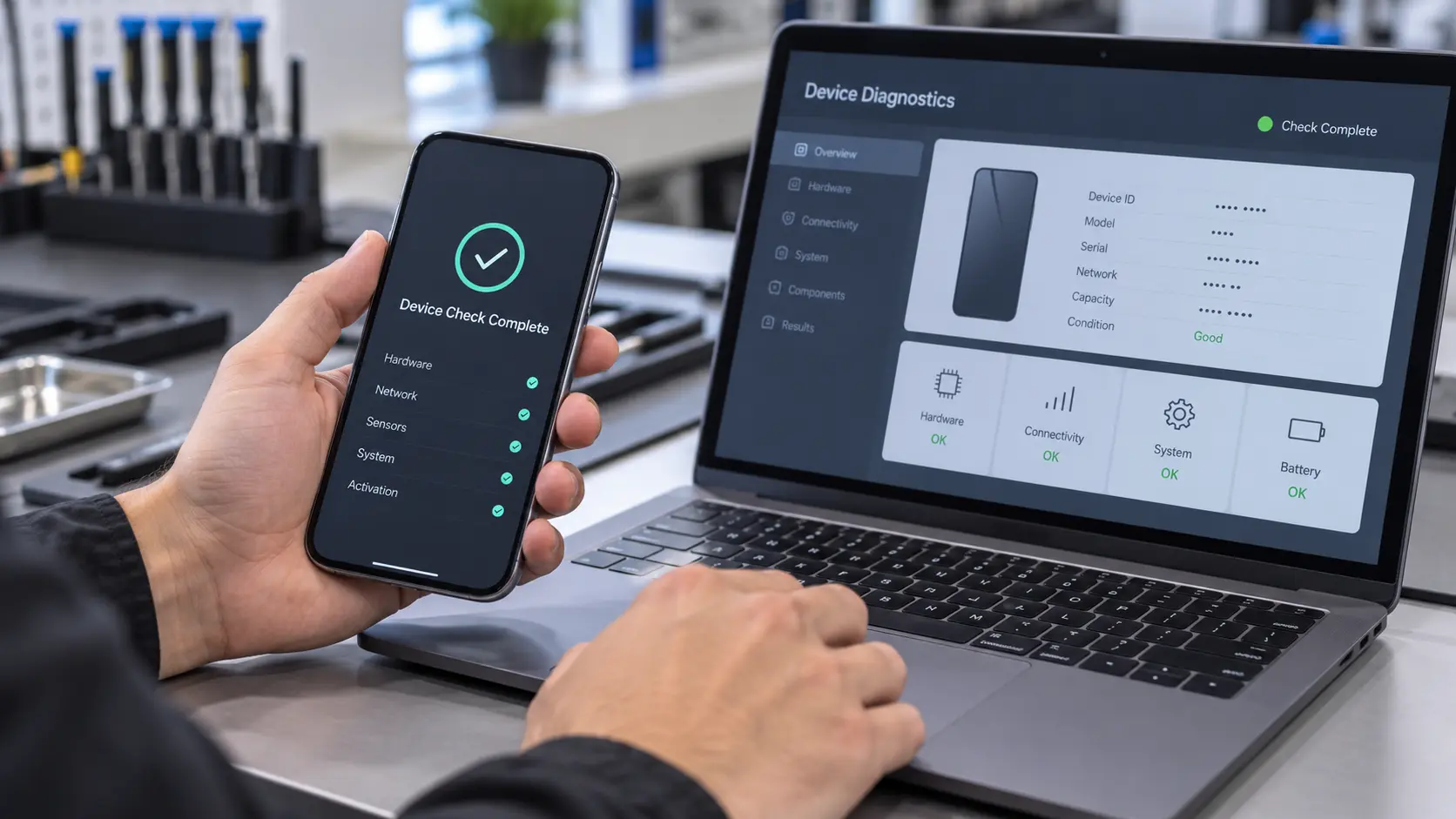 Technician performing a pre-purchase assessment on a secondhand iPhone